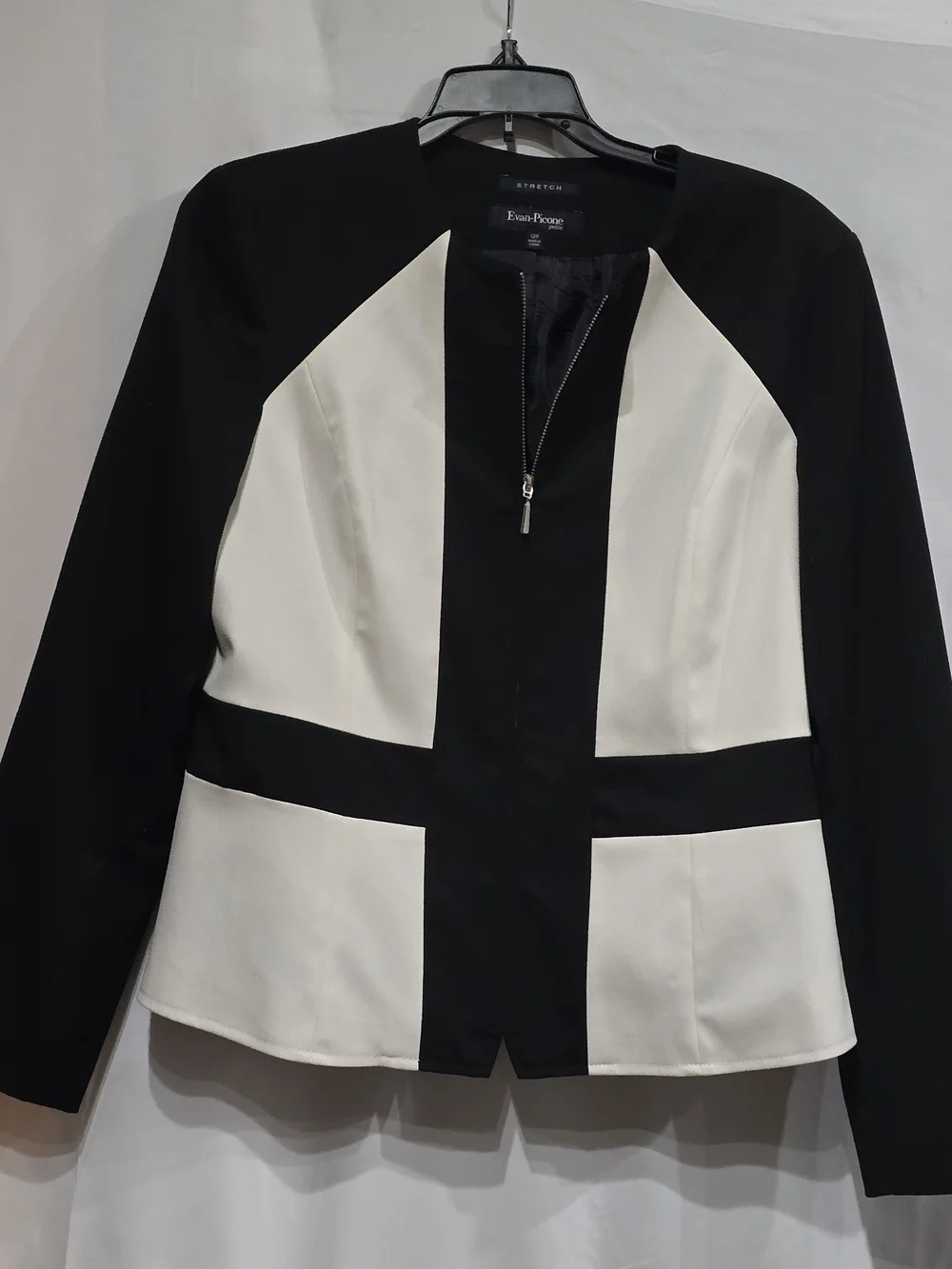 Evan-Picone Black and White Color-Block Full Zip Stretch Fabric Blazer 12P EUC
